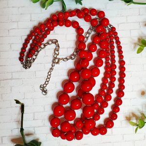 Red Silver Necklace - Glass Bead, Multi-Strand